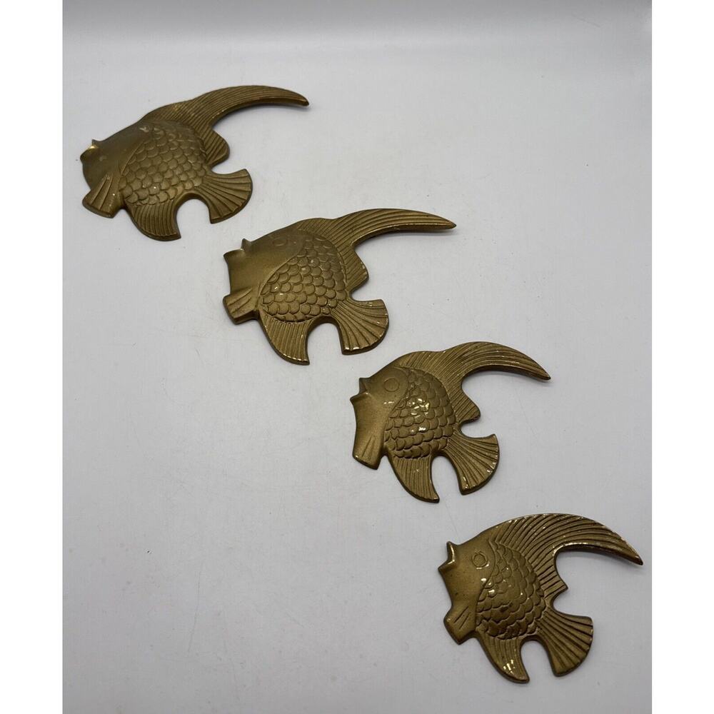 Vtg Brass Angel Fish Wall Hanging Decor Set Of 4 Nautical Sea Life MCM Patina